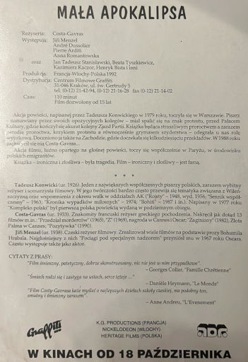 Tył ulotki filmu 'Mała Apokalipsa'