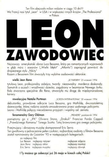 Tył ulotki filmu 'Leon Zawodowiec'