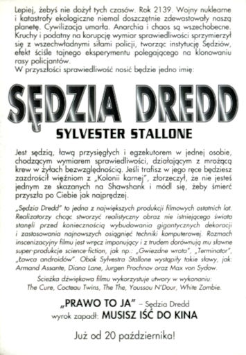 Tył ulotki filmu 'Sędzia Dredd'