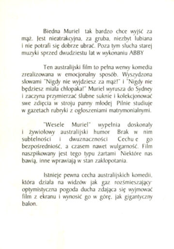 Tył ulotki filmu 'Wesele Muriel'