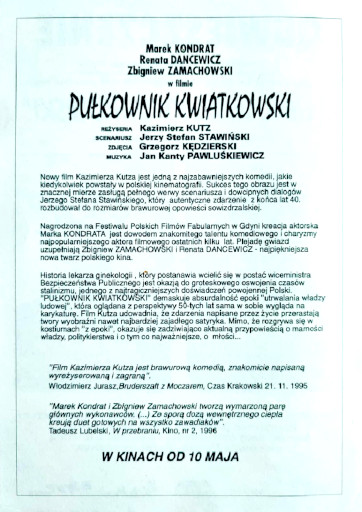Tył ulotki filmu 'Pułkownik Kwiatkowski'