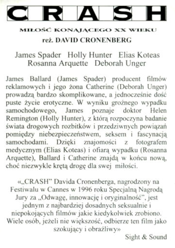 Tył ulotki filmu 'Crash'