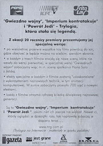 Tył ulotki filmu 'Gwiezdne Wojny | Imperium Kontratakuje | Powrót Jedi'