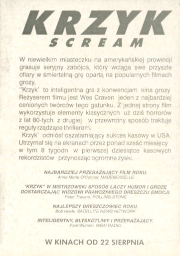 Tył ulotki filmu 'Krzyk'