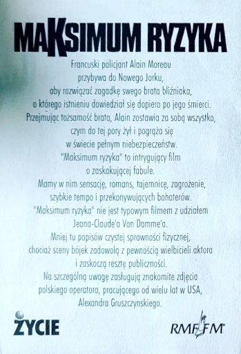 Tył ulotki filmu 'Maksimum Ryzyka'