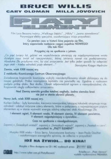 Tył ulotki filmu 'Piąty Element'