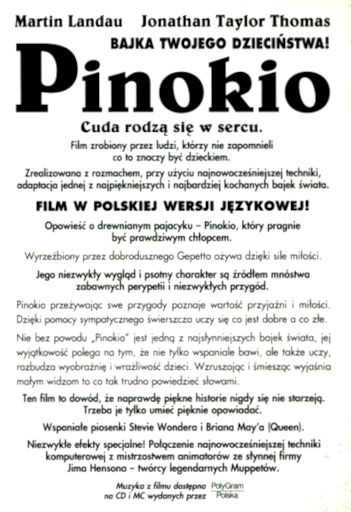 Tył ulotki filmu 'Pinokio'