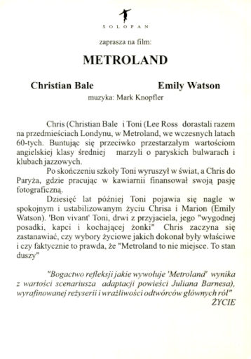Tył ulotki filmu 'Metroland'