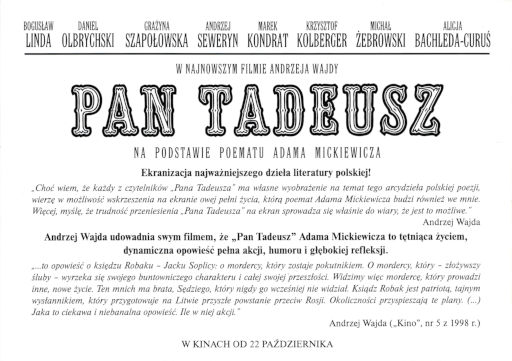 Tył ulotki filmu 'Pan Tadeusz'