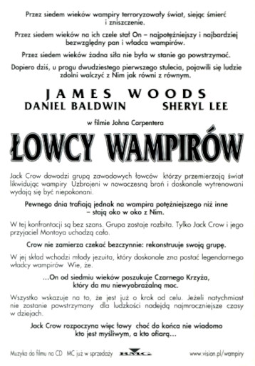 Tył ulotki filmu 'Łowcy Wampirów'