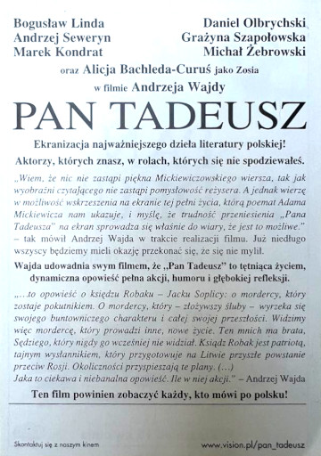 Tył ulotki filmu 'Pan Tadeusz'