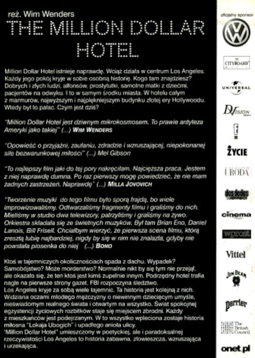 Tył ulotki filmu 'The Million Dollar Hotel'