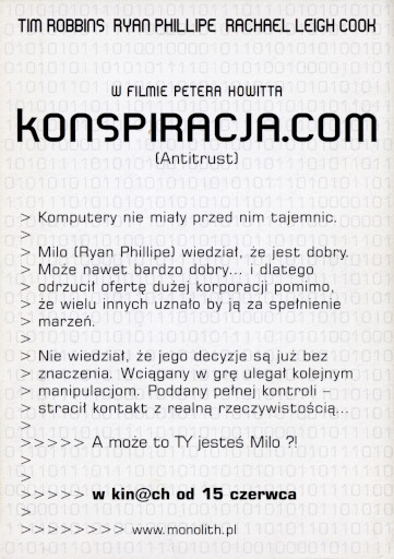 Tył ulotki filmu 'Konspiracja.com'