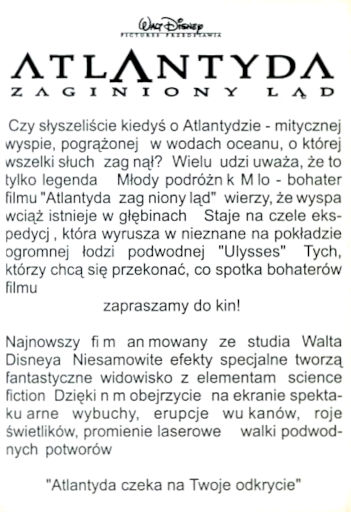 Tył ulotki filmu 'Atlantyda - Zaginiony Ląd'