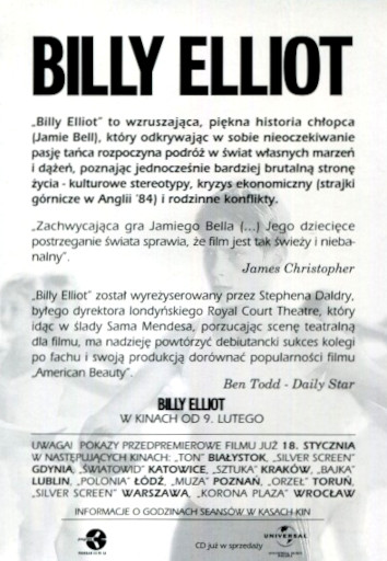 Tył ulotki filmu 'Billy Elliot'