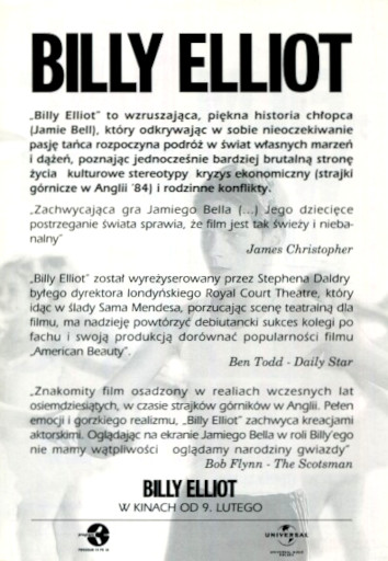 Tył ulotki filmu 'Billy Elliot'