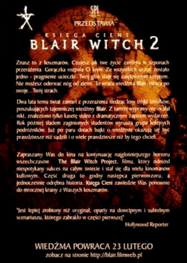 Tył ulotki filmu 'Księga Cieni: Blair Witch 2'