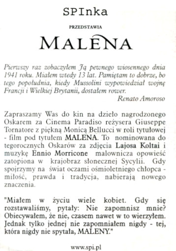 Tył ulotki filmu 'Malena'