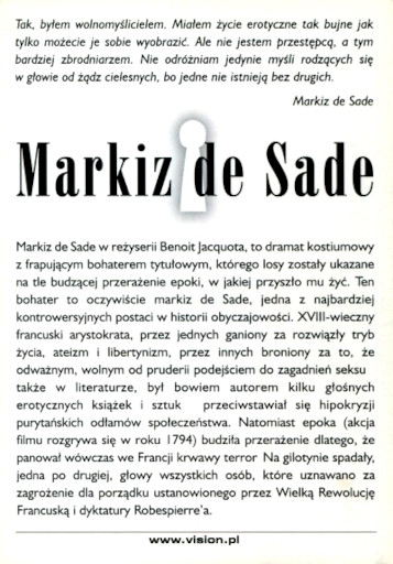 Tył ulotki filmu 'Markiz De Sade'
