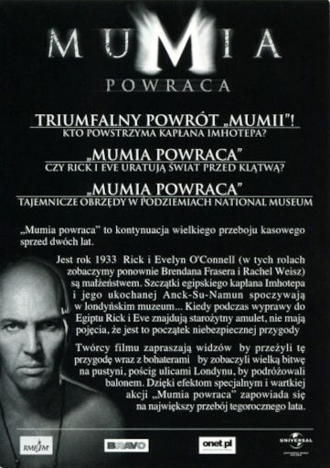 Tył ulotki filmu 'Mumia Powraca'