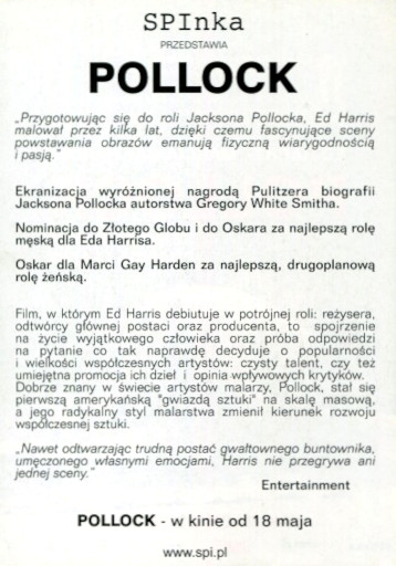 Tył ulotki filmu 'Pollock'
