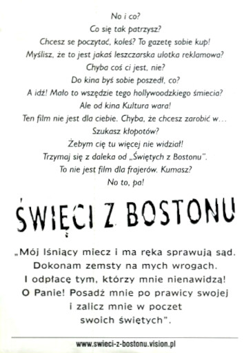 Tył ulotki filmu 'Święci Z Bostonu'