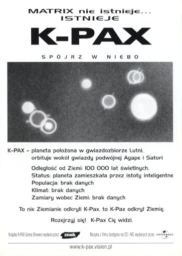 Tył ulotki filmu 'K-PAX'