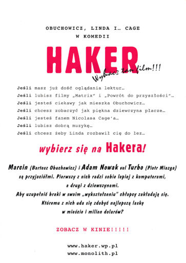 Tył ulotki filmu 'Haker'