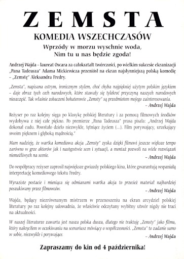 Tył ulotki filmu 'Zemsta'