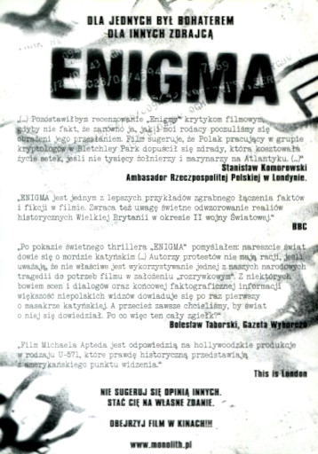 Tył ulotki filmu 'Enigma'
