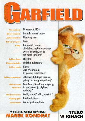 Tył ulotki filmu 'Garfield'