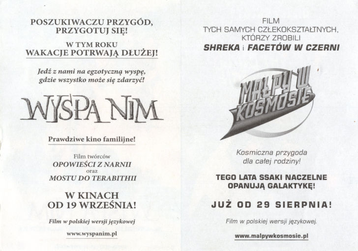 Tył ulotki filmu 'Małpy W Kosmosie | Wyspa Nim'