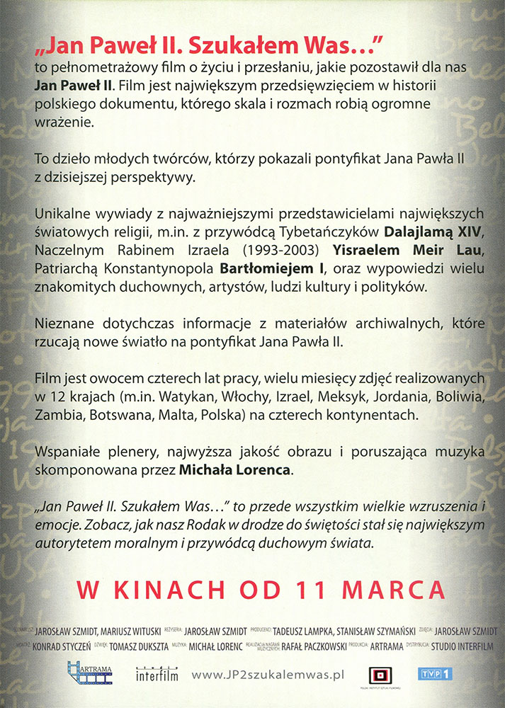 Ulotka filmu 'Jan Paweł II. Szukałem Was... (tył)'
