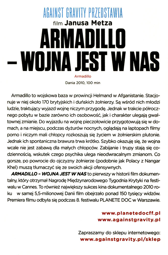Ulotka filmu 'Armadillo - Wojna Jest W Nas (tył)'