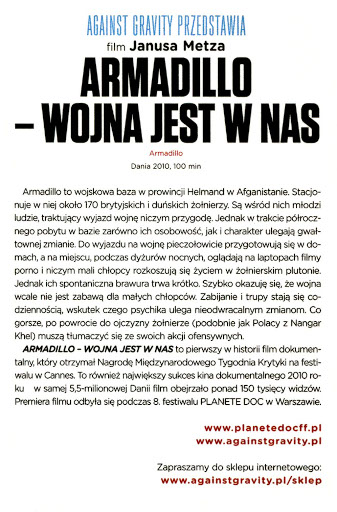 Tył ulotki filmu 'Armadillo - Wojna Jest W Nas'