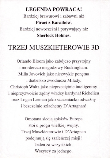 Tył ulotki filmu 'Trzej Muszkieterowie'