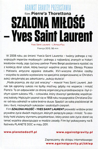 Tył ulotki filmu 'Szalona Miłość - Yves Saint Laurent'