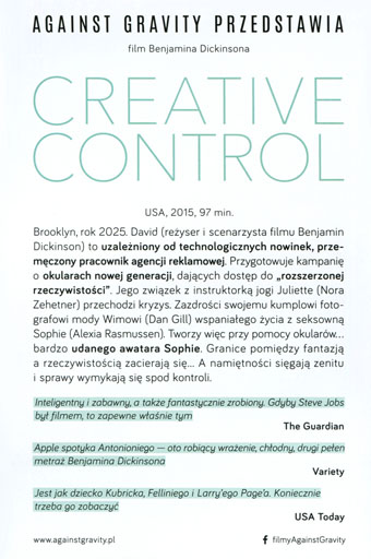 Tył ulotki filmu 'Creative Control'