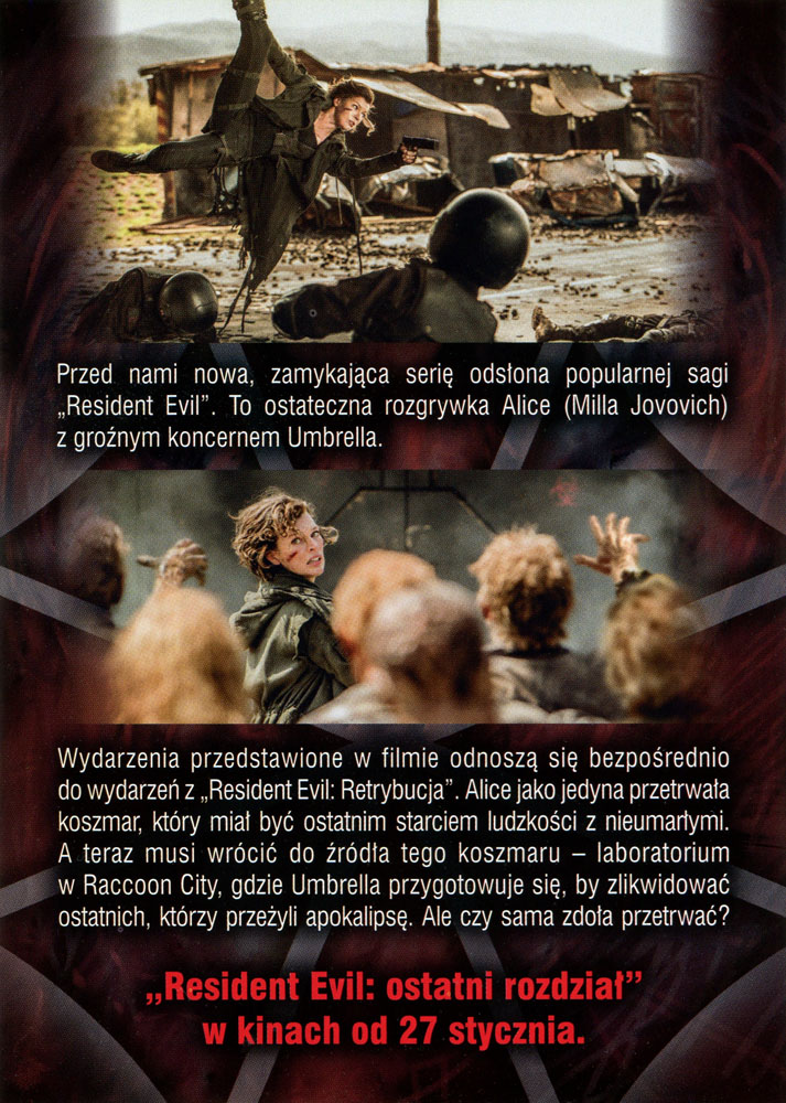Ulotka filmu 'Resident Evil: Ostatni Rozdział (tył)'