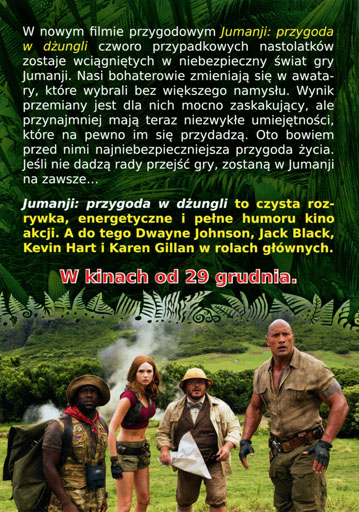 Tył ulotki filmu 'Jumanji: Przygoda w dżungli'