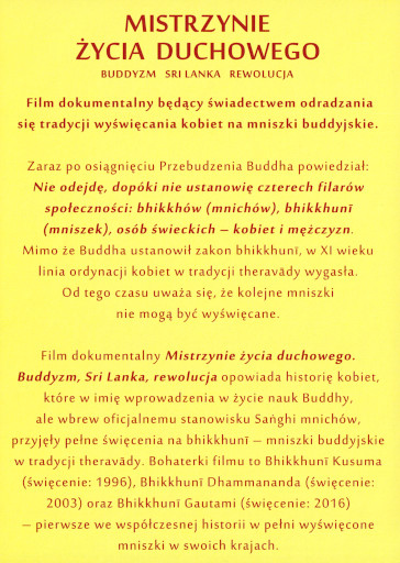 Tył ulotki filmu 'Mistrzynie życia duchowego. Buddyzm, Sri Lanka, rewolucja'
