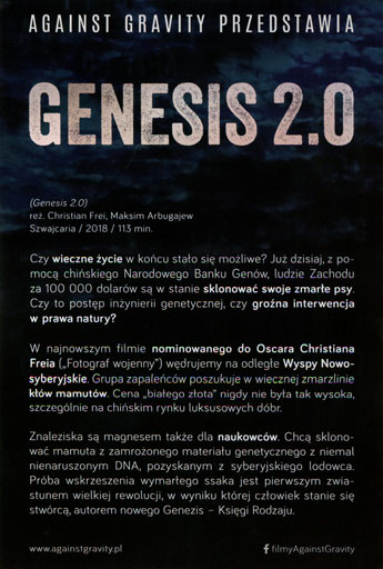 Tył ulotki filmu 'Genesis 2.0'
