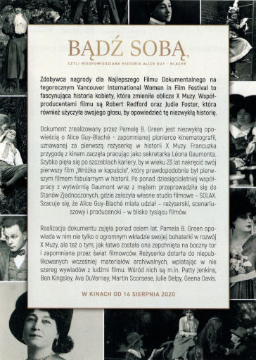 Tył ulotki filmu 'Bądź sobą, czyli nieopowiedziana historia Alice Guy-Blaché'