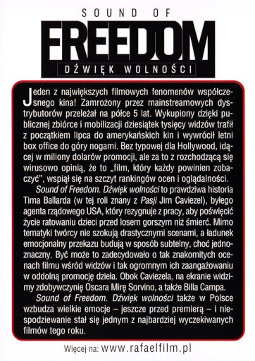 Tył ulotki filmu 'Sound of Freedom. Dźwięk wolności'